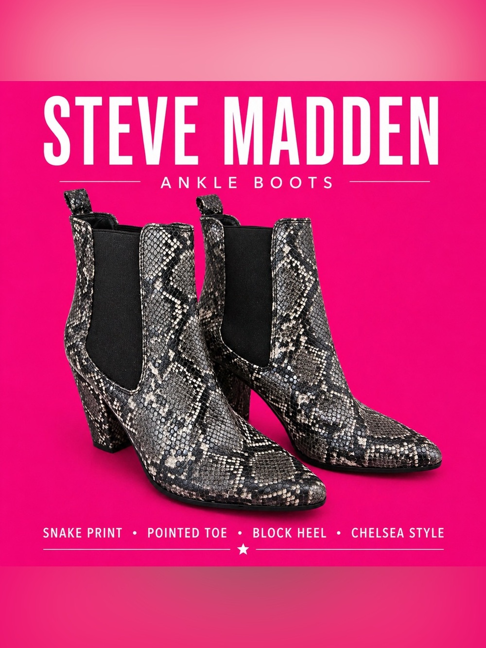 Steve Madden Black & Gray Snake-Print Chelsea Ankle Boots